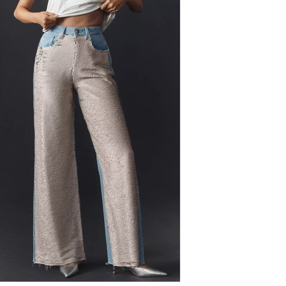 ANTHROPOLOGIE Pilcro Sequin High-Rise Wide-Leg Skater Jeans 28 blue nwt - Picture 5 of 5